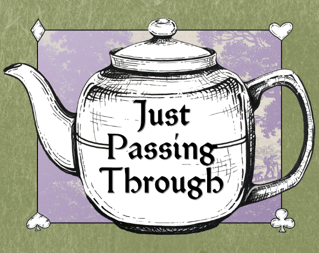 An itch tile image for the game Just Passing Through. A white teapot on a purple and green background.