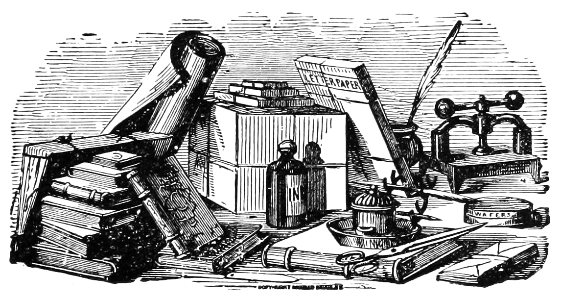 A collection of writing implements and paper including a book press, parchment, ink bottles, a quill pen, scissors, letter paper, and notebooks.